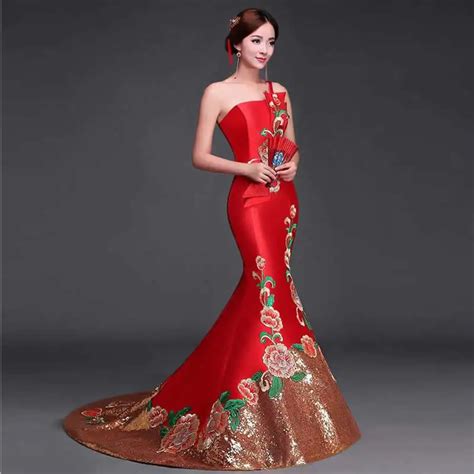 Luxury Red Chinese Oriental Dresses Qipao Long Cheongsam Chinese Bride