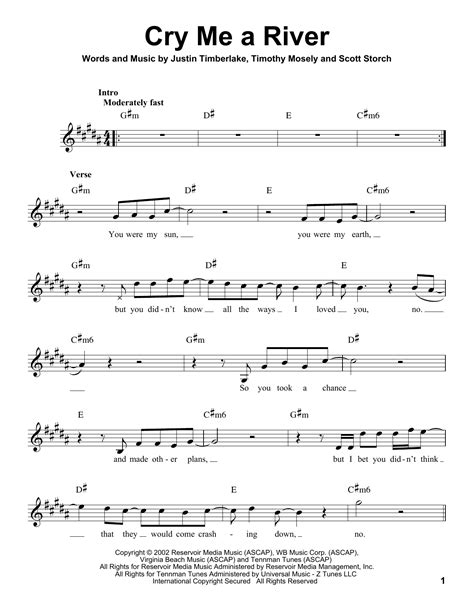 The clip won the awards for best male video and best pop. Cry Me A River Sheet Music | Justin Timberlake | Pro Vocal