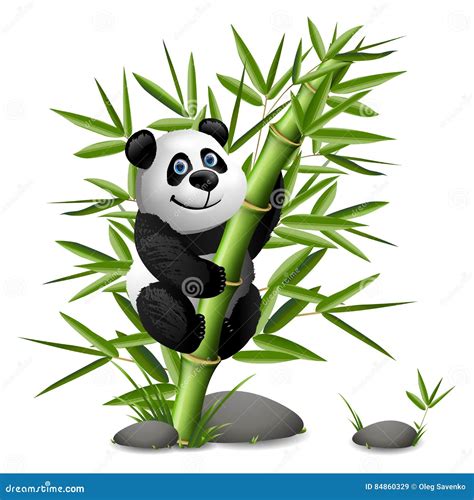 Smiling Cartoon Panda Hanging On Bamboo Vector Clip Art Illustration