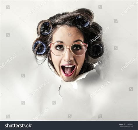 Happy Crazy Woman Popping Out Cardboard Stock Photo 233436457