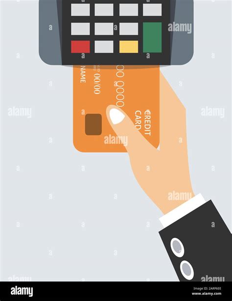 Hand Holds Credit Card Flat Design Of Pos Terminal Payment By Credit