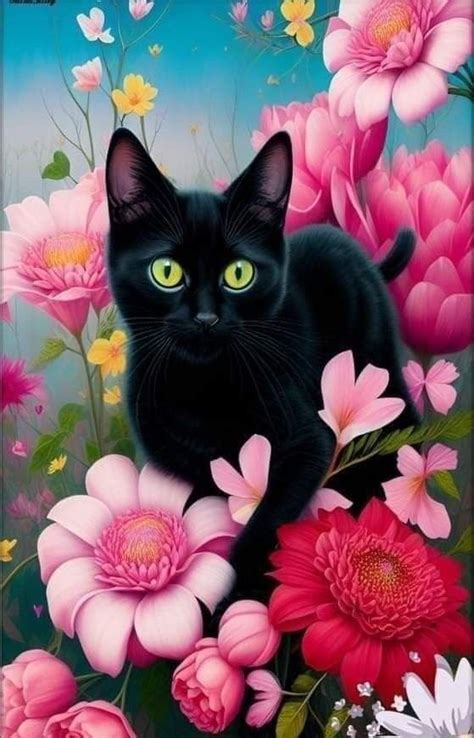 A Painting Of A Black Cat Surrounded By Flowers