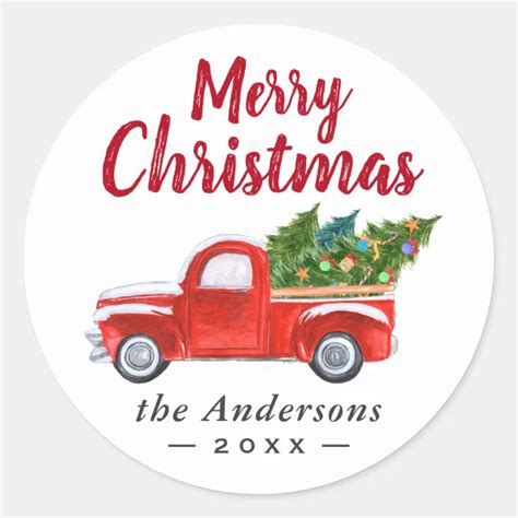 merry christmas truck and christmas trees holiday classic round sticker zazzle