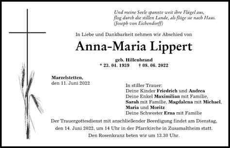 Traueranzeigen Von Anna Maria Lippert Augsburger Allgemeine Zeitung