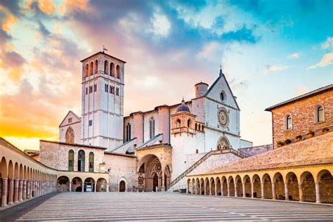 basilica of st francis of assisi at sunset assisi umbria italy stock image image of