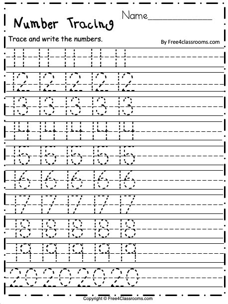Numbers 11-20 Preschool Tracing Worksheets