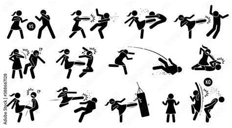 Woman Beating Man Stick Figure Sign And Symbols Vector Illustration Of