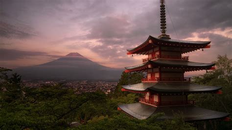 Fondos De Pantalla Japón Templo Monte Fuji Nubes Atardecer