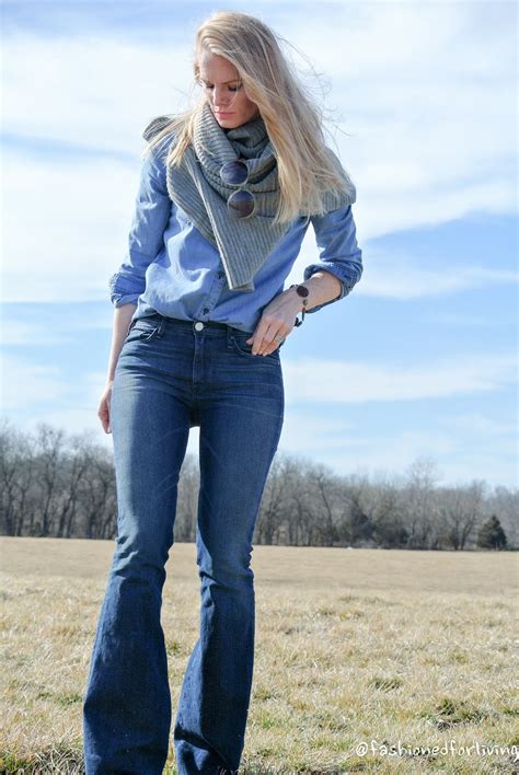Fashioned For Living Denim On Denim Flare Jeans Outfit
