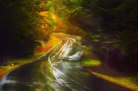 Bending Road In The Autumn Sunny Forest Stock Photo Image Of