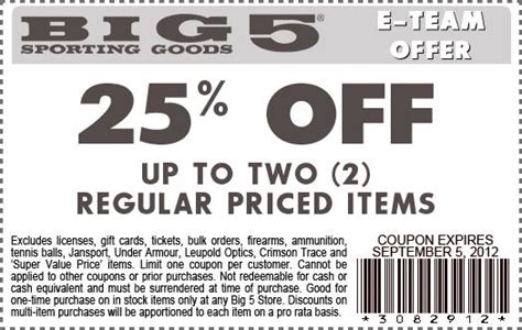 Last but not least, stay in touch with big 5. Big 5 Sporting Goods | 25% off up to two regular priced ...