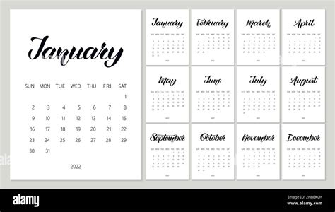 Vector Calendar Planner For 2022 Year With Handdrawn Lettering And