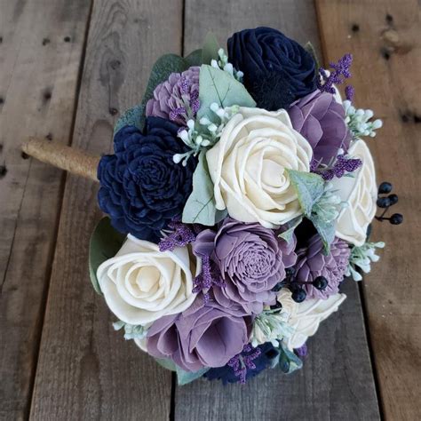 Faux wedding bouquets in navy blue flowers and eucalyptus greenery. Dusty Lavender Navy Blue and Cream Wood Flower Bouquet ...