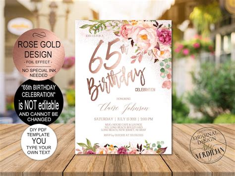 Diy 65th Birthday Invitation Template Blush Rose Gold Floral Etsy