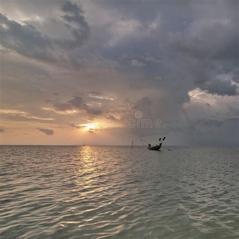 Sunset At Tropical Beach With Thai Fishing Boat Stock Photo Image Of