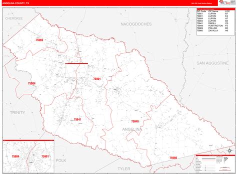 Angelina County, TX Zip Code Wall Map Red Line Style by MarketMAPS