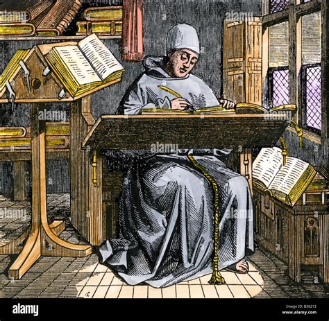 Medieval scribe writing at a desk surrounded by open manuscripts Stock