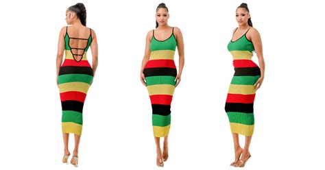 steal the spotlight with the ribbed knit maxi rasta color dress featuring a flirty open back