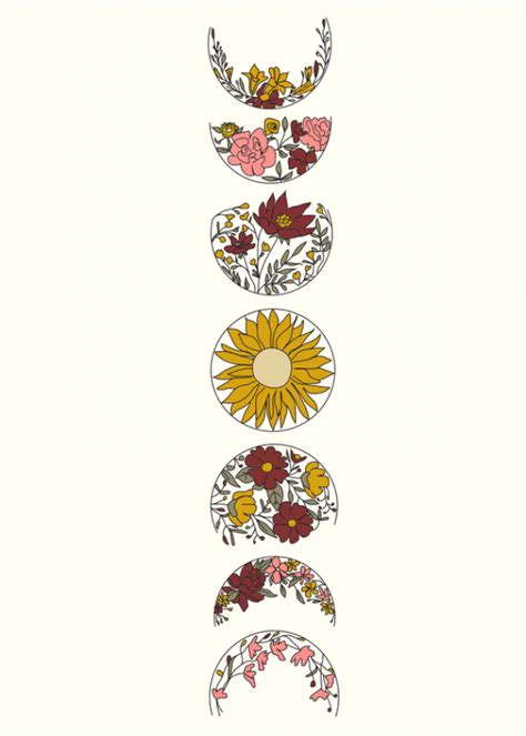Floral Phases Of The Moon Mini Art Print In 2021 Sunflower Tattoos