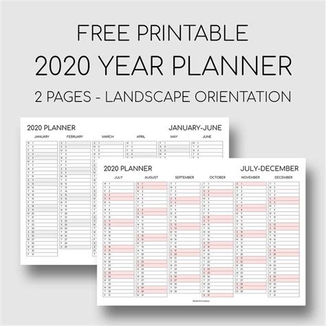 Printable 2020 Year Planner 2 Pages Landscape Orientation Yearly