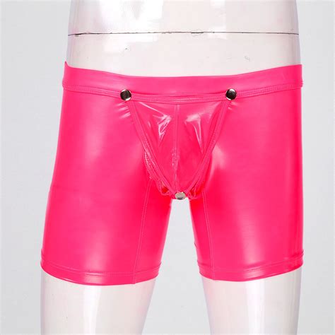 Mens Patent Leather Boxers Briefs Underwear Zipper Open Butt Bulge