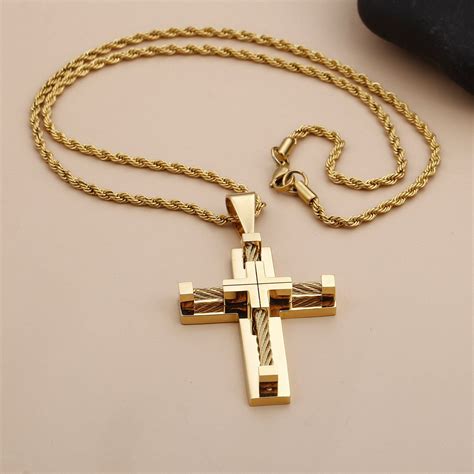 K Gold Plated Stainless Steel Cross Necklace Pendant Big Cross Hip Hop Inch Necklace Fo