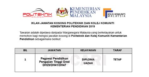 Permohonan adalah dipelawa daripada warganegara malaysia yang berkelayak. Jawatan Kosong di Politeknik dan Kolej Komuniti ...