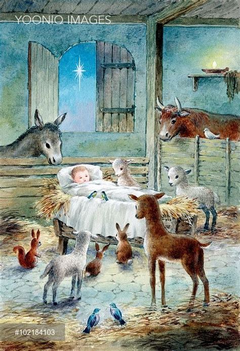 Baby Jesus In The Manger Surrounded By Animals Christmas Art Jesus