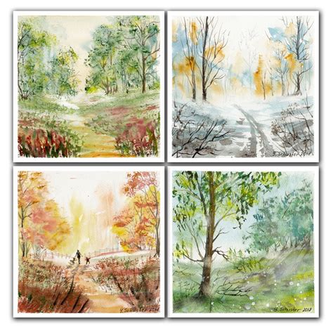 Seasons Set Of 4 Small Watercolor Landscape Pai Artfinder
