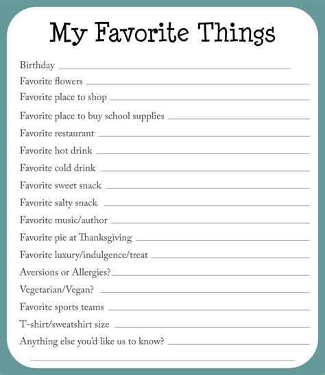 10 Best My Favorite Things Template Printable Favorite Things List