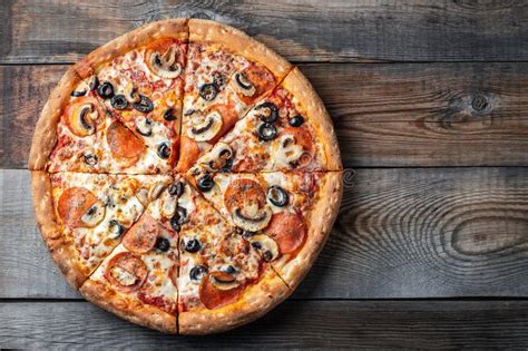 Tasty Pepperoni Pizza With Mushrooms And Olives Stock