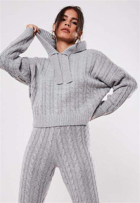 Missguided Premium Gray Co Ord Cable Knit Hooded Sweater Fashion