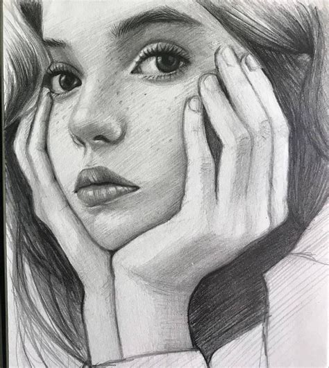 A Pencil Drawing Of A Woman With Her Hand On Her Face And Hands To The Side