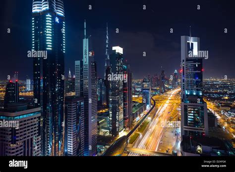 Dubai Modern City Skyline View At Sunset Night With Copy Space View