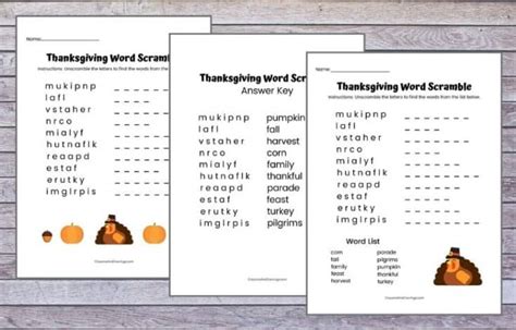Thanksgiving Word Scramble Free Printable With Answer Key