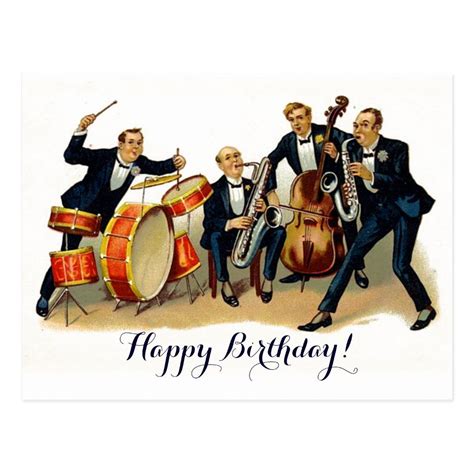 Vintage Jazz Band Festive Retro Happy Birthday Postcard Картинки на