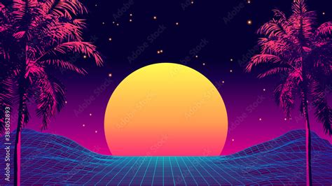 Retro 80s Style Tropical Sunset With Palm Tree Silhouette And Gradient