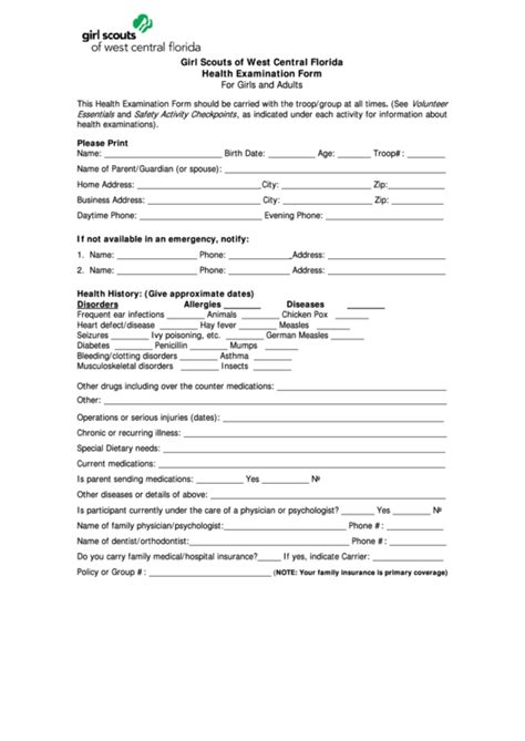 Fillable Health Form Girl Scouts Of West Central Florida Printable