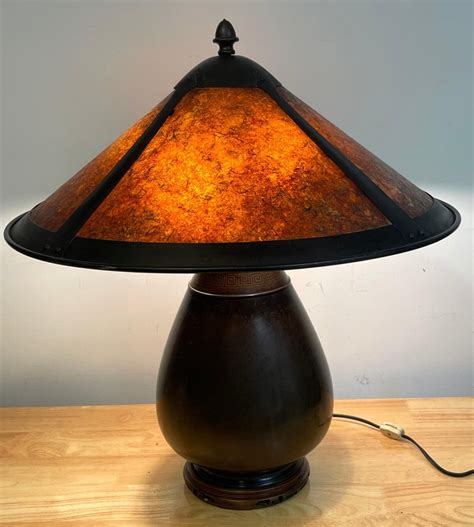 Vintage Arts And Crafts Bronze And Mica Shade Lamp Style Of Dirk Van