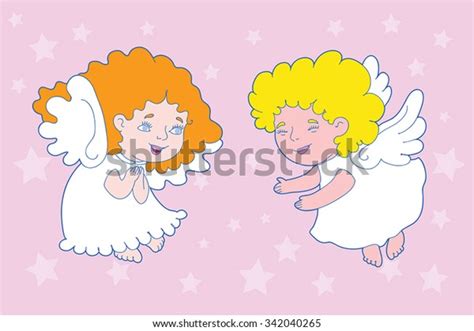 Angels Vector Illustration Of Two Cute Little Angels On Pink
