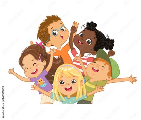 Group Of Multicultural Happy Children Smile And Wave Their Hands Funny