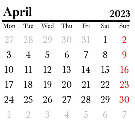 2023 April Monatskalender Monatliche Kalender 2023 Kalender 2023 Png