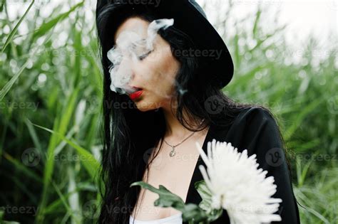 Sensual Smoker Girl All In Black Red Lips And Hat Goth Dramatic Woman