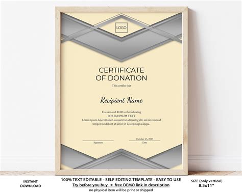 Editable Certificate Of Donation Template Printable Modern Etsy Australia