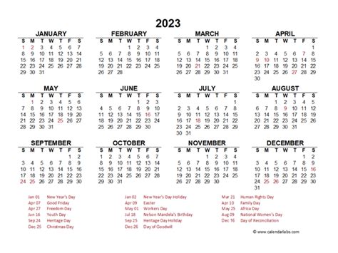Calendar For 2023 With Holidays In South Africa Print