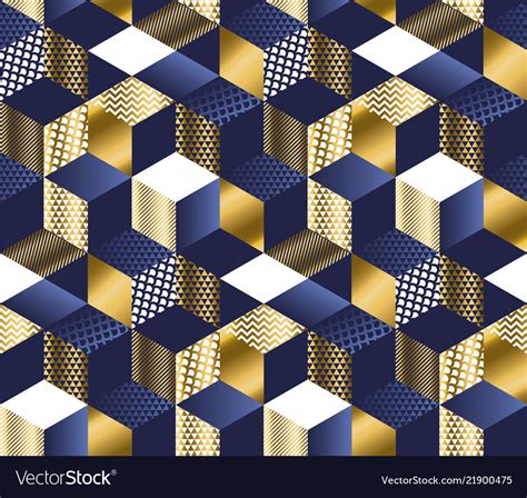 Geometric Blue And Gold Cubes Seamless Pattern Vector Image
