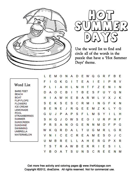 Free printable & coloring pages. Hot Summer Days, Word Search Puzzle - Printable Colouring Sheets