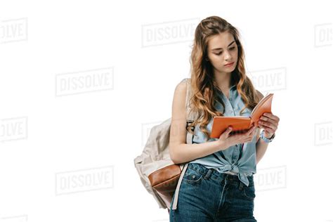 Beautiful Student Reading Book Isolated On White Stock Photo Dissolve