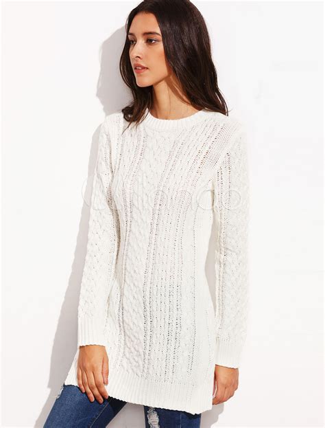 Cable Knit Sweater White Pullover Womens Long Sleeve Side Split