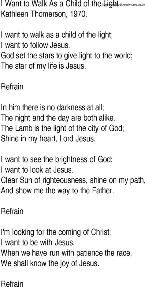 Hymn And Gospel Song Lyrics For I Want To Walk As A Child Of The Light